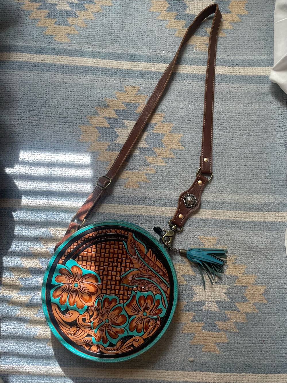 Handcrafted Brown & Teal Floral Leather Canteen Western Crossbody Bag